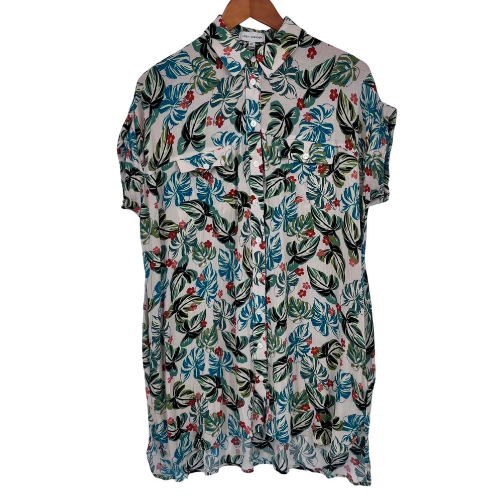 Lost + Wander Tropical Monstera Floral Rayon Button Down Dress M/L Vacation - Picture 1 of 10